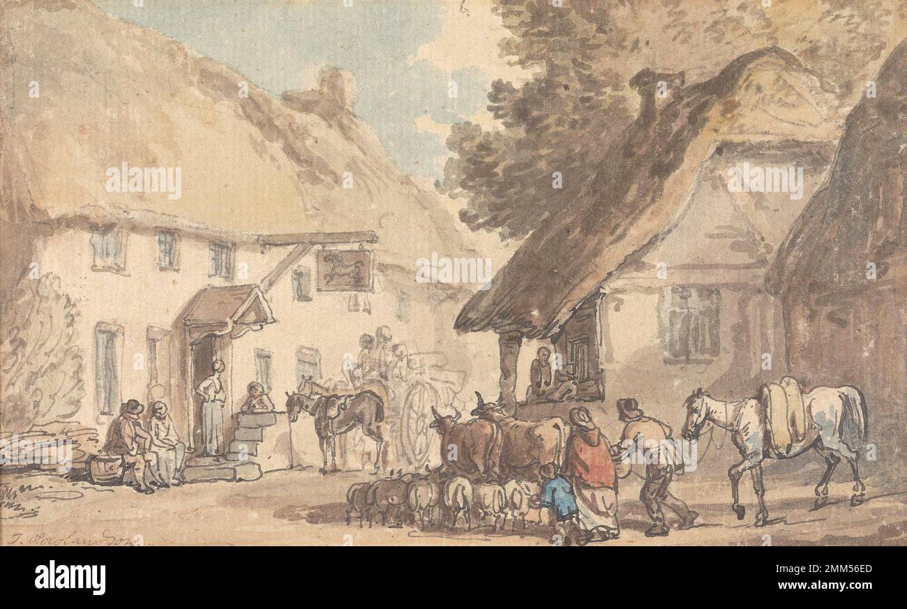 Thomas Rowlandson - Eine Village Street, in der Rinder und Schafe durchfahren werden Stockfoto