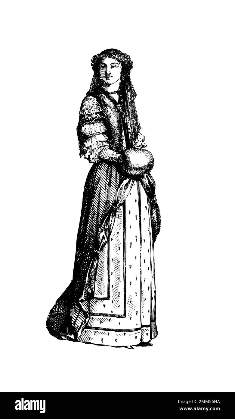 Antike Illustration des französischen Kostüms - Modemodell, 1678 Stockfoto
