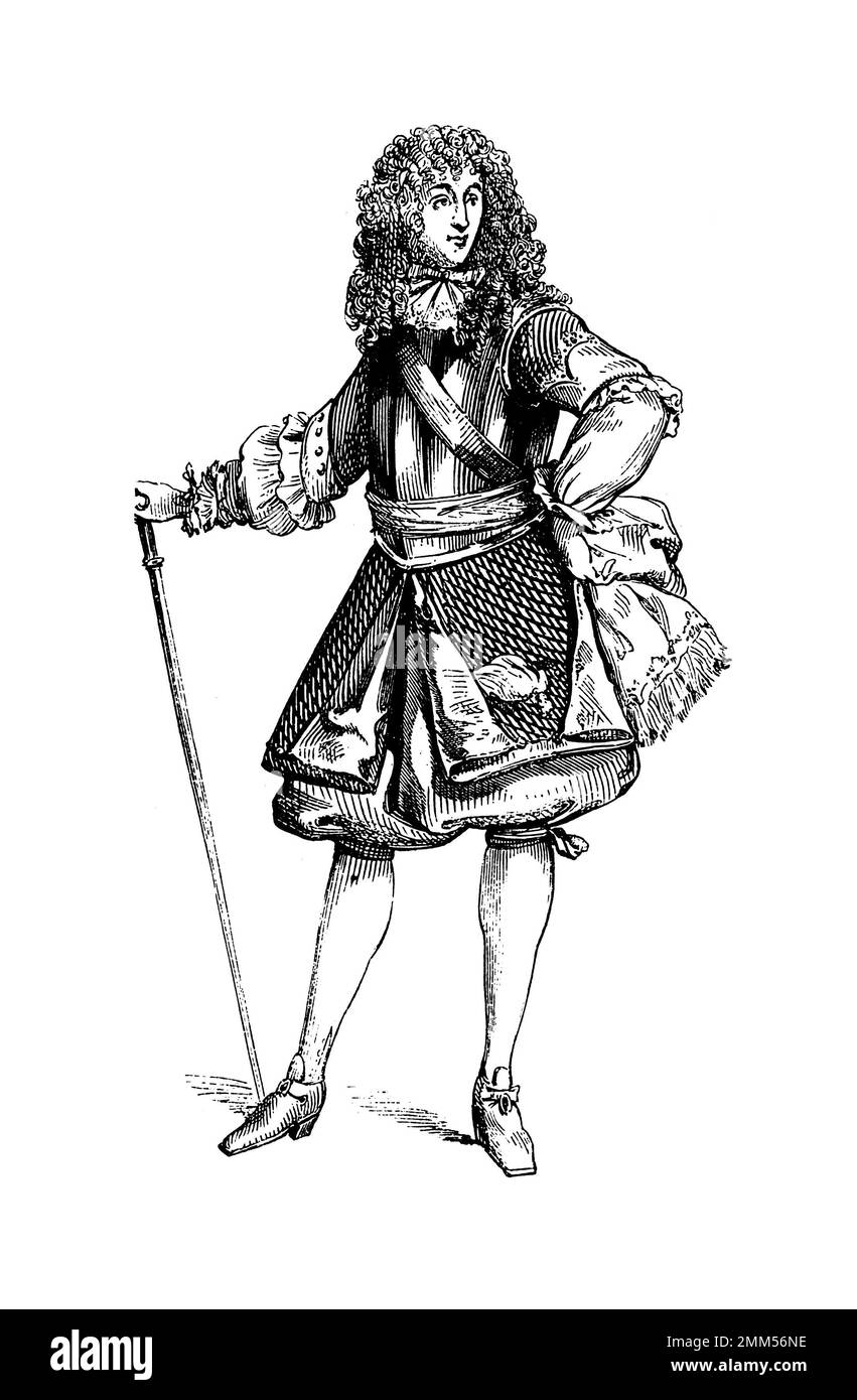 Antike Illustration des französischen Kostüms - General Officer - 1670 Stockfoto