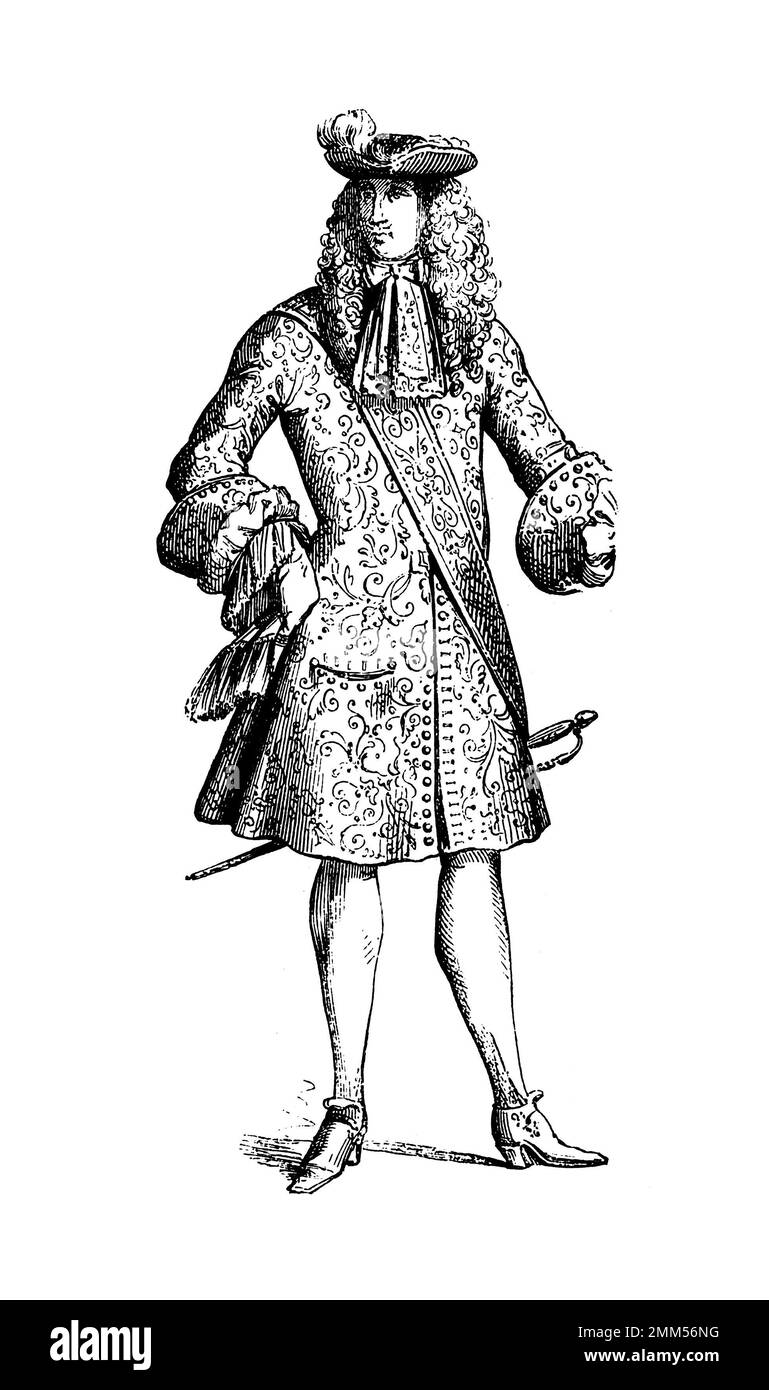 Antike Illustration des französischen Kostüms - Lieutenant Guard - 1683 Stockfoto