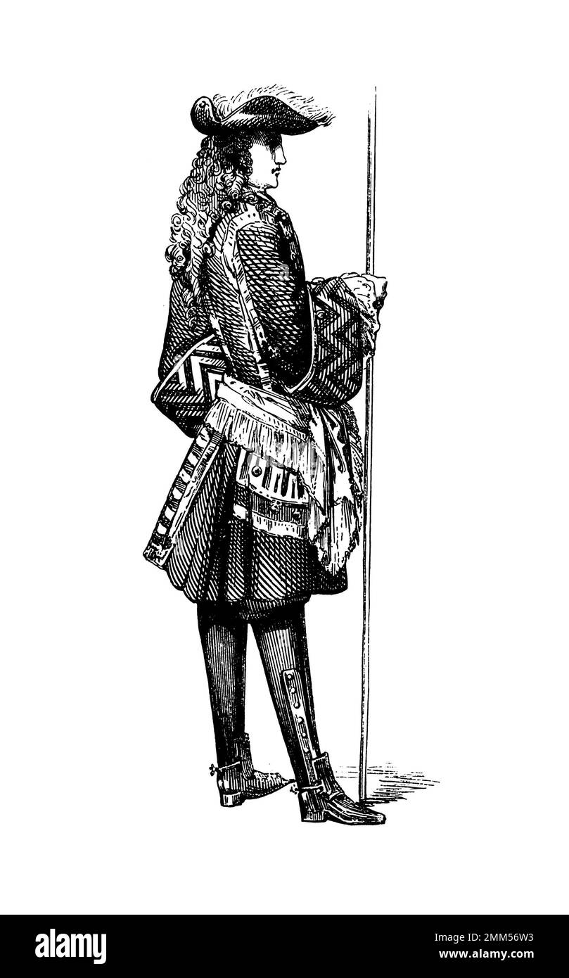 Antike Illustration des französischen Kostüms - Offizier Dinfanterie - 1703 Stockfoto