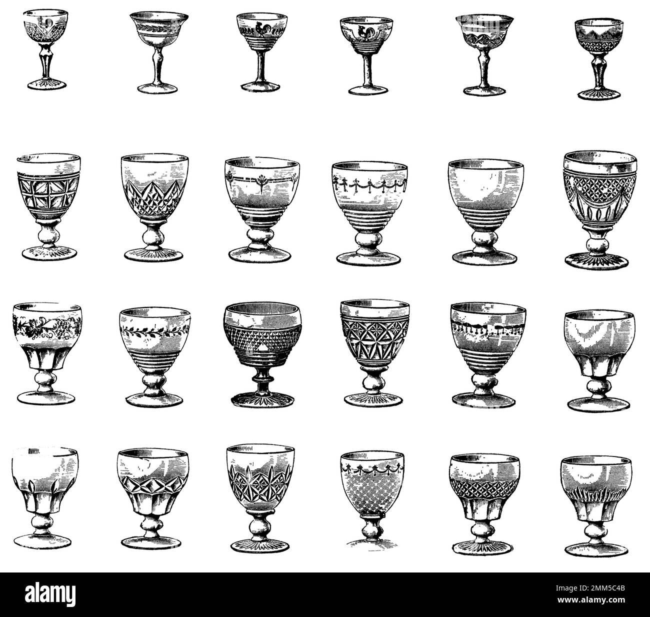 Vintage-Gläser für Trinkwein (isoliert auf Weiß). Veröffentlicht in Systematic Bilder-Atlas zum Conversations-Lexikon Stockfoto