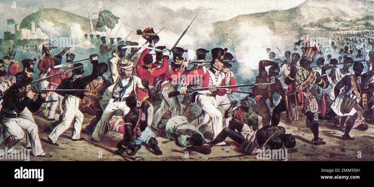 Niederlage der Ashantees durch die britischen Truppen unter dem Kommando von Coll. Sutherland, Juli 11. 1824 Stockfoto