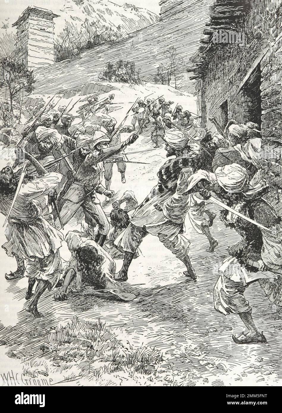 Britische Truppen stürmen die Minen, die unter ihrer Festung gegraben werden. Leutnant Harley, Leiter von 40 Sikhs und 60 Kaschmiris, eilte über die Mündung der Mine. Teil der Chitral Expedition, 1895 Stockfoto