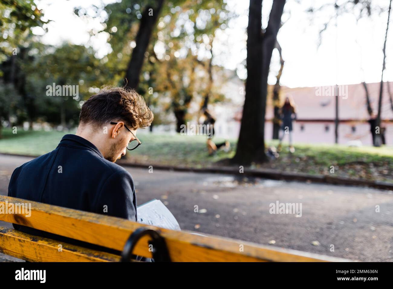 Stilvoller, lockiger Mann, der ein Buch liest, während er im Park sitzt Stockfoto