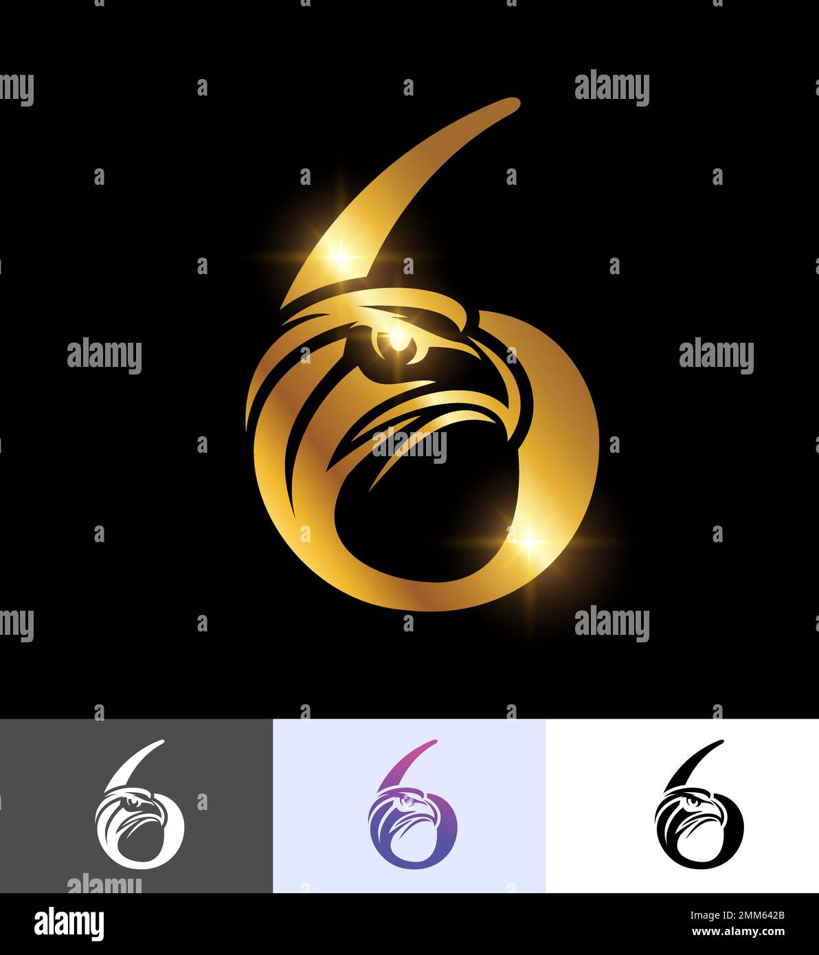 Ein Vektorbildsatz aus dem Golden Eagle Monogramm Nr. 6 auf schwarzem Hintergrund mit goldenem Glanzeffekt Stock Vektor