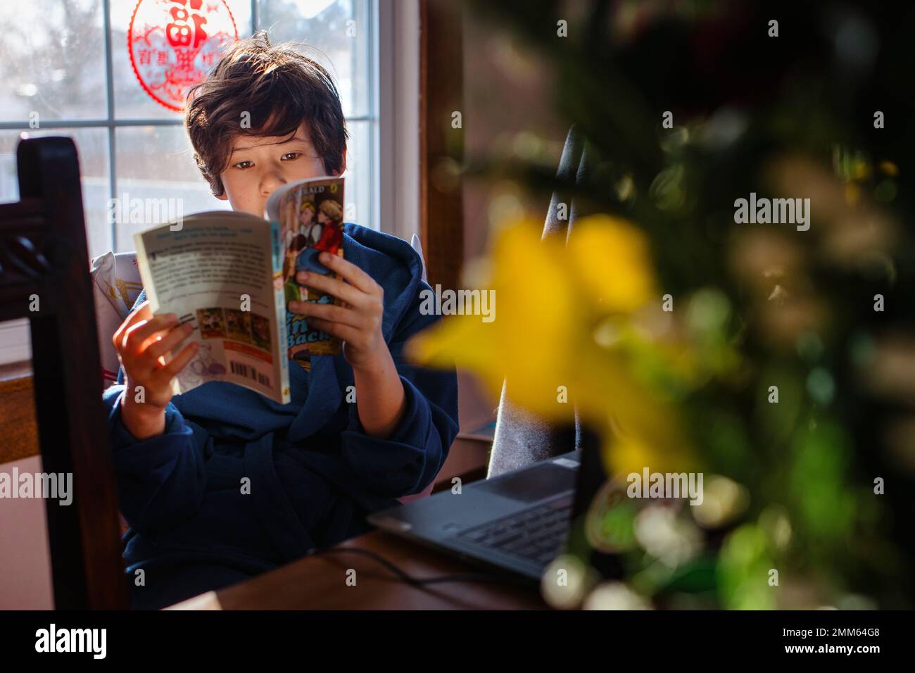 Ein Junge sitzt am Tisch und liest ein Buch nach dem Fenster Stockfoto