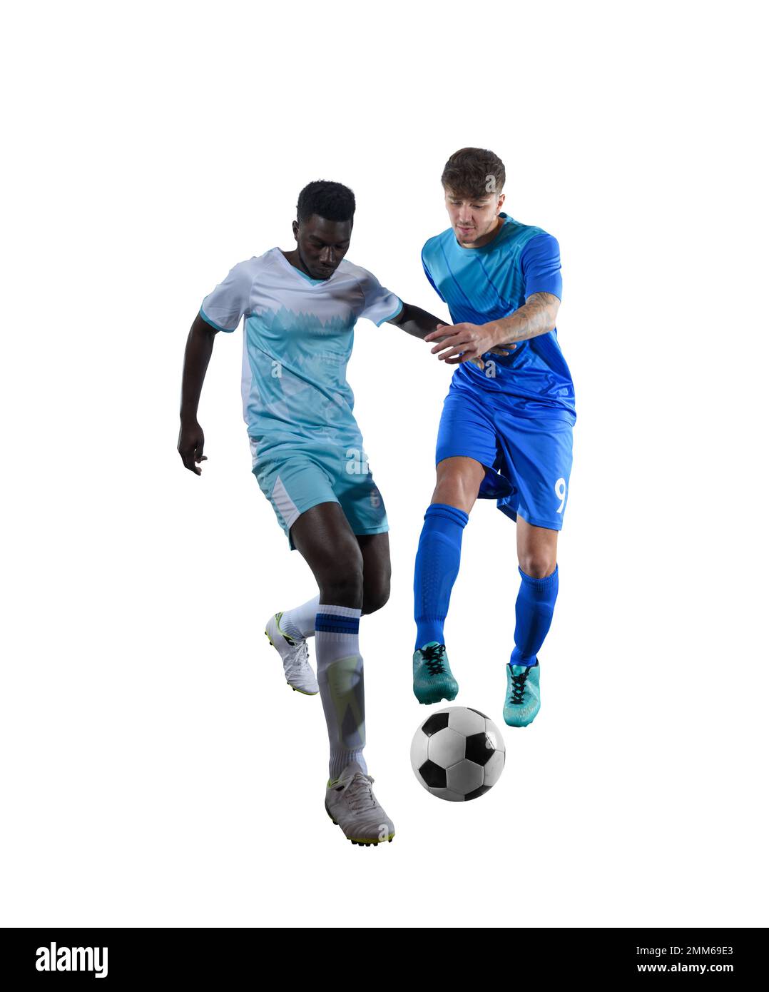 Nahaufnahme der Fußballaktionsszene mit konkurrierenden Fußballspielern Stockfoto