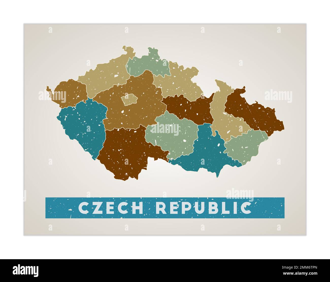 Karte der Tschechischen Republik. Länderposter mit Regionen. Alte Grunge-Textur. Form der Tschechischen Republik mit Ländername. Ansprechende Vektordarstellung. Stock Vektor