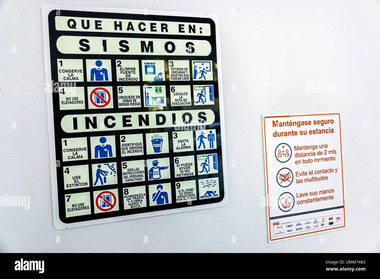 Mexiko-Stadt, Avenida Paseo de la Reforma, IHG Holiday Inn Express, Lobby Anweisungen Notfall Erdbeben Feuer Evakuierung Sicherheitsmaßnahmen, Covid Gesundheit Stockfoto