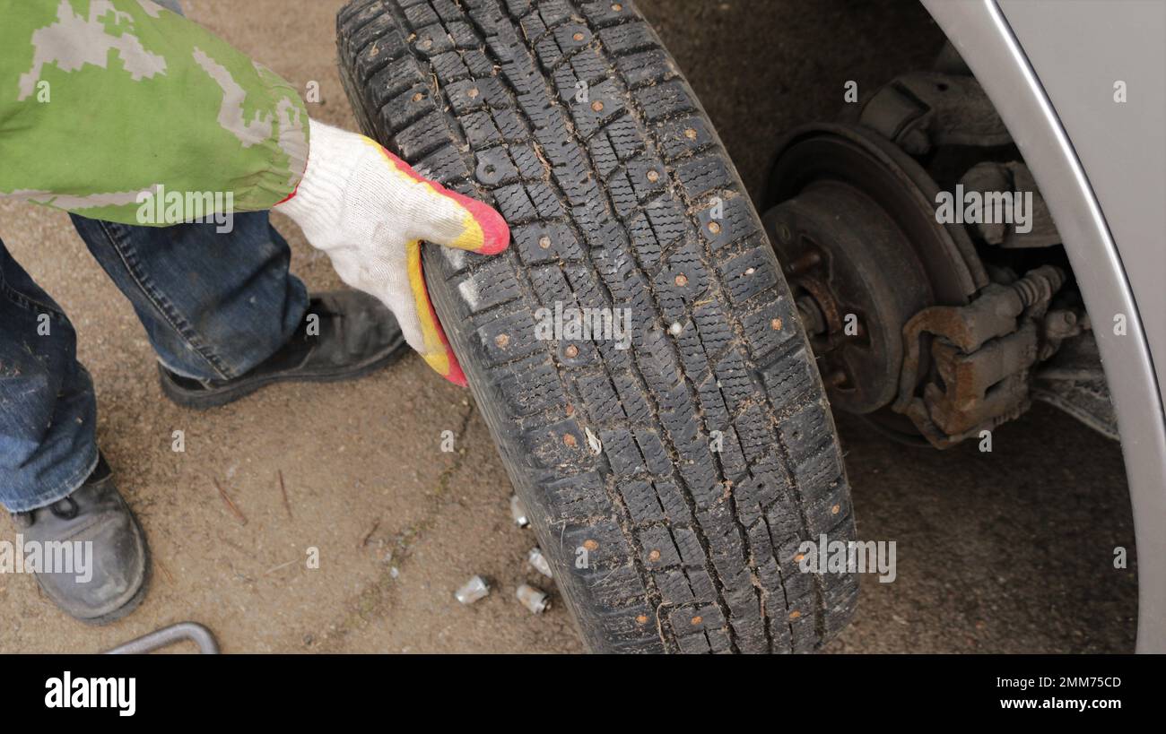 Wenn man ein Rad mit Winterreifen mit Spikes auf der Achse des Autos montiert, ziehen die Hände eines Mannes in Handschuhen das Rad mit Metallpunkten an oder ab Stockfoto