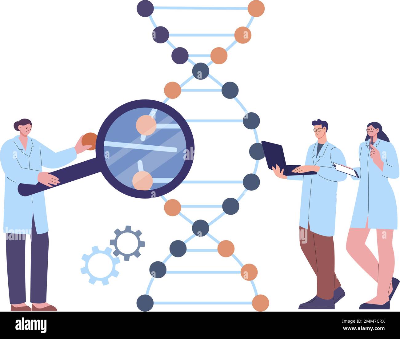 Wissenschaftler und Assistenten erforschen DNA. Genetische Laborerfahrung, Menschen geboren Code-Änderungsprozess. Medizinische Laborarbeit Vektorszene Stock Vektor