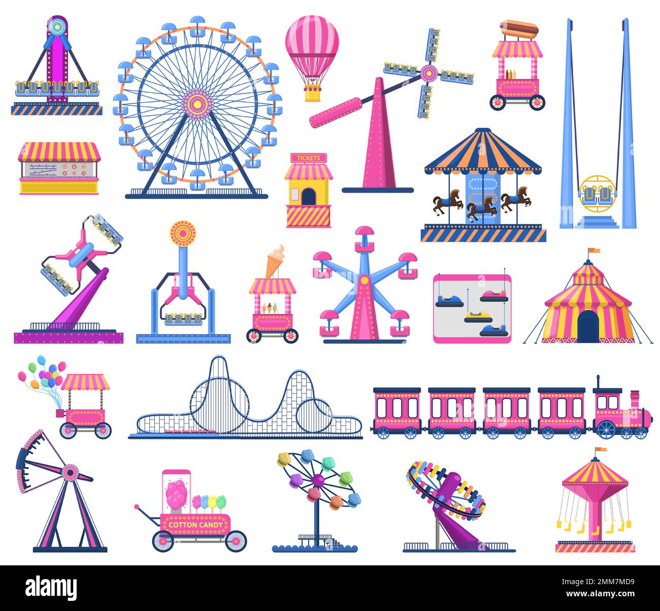 Attraktionen festliche Elemente des Parks wie Achterbahn, Zirkuszelt, Riesenrad und Karussells. Schießstand, Eis Stock Vektor
