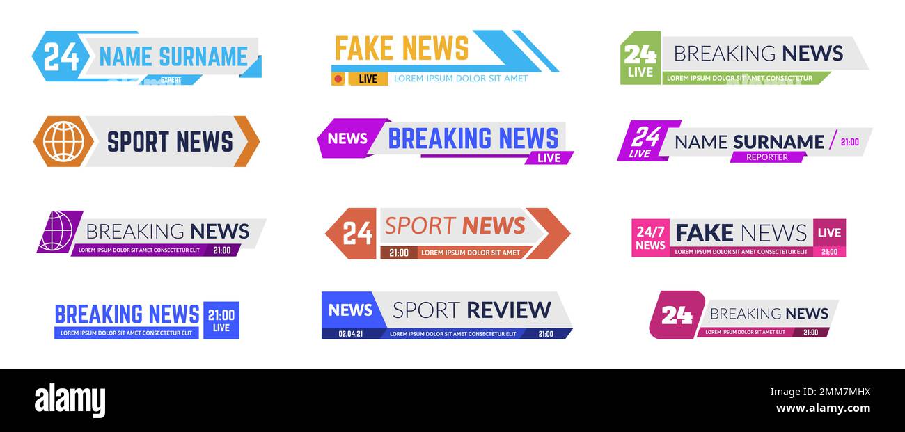 Anzeigerahmen für Schlagzeilen-Informationsmedien. Aktuelle Nachrichten-tv-Bars für die Ausstrahlung. Sportprogramm oder Live-Show-Banner Stock Vektor