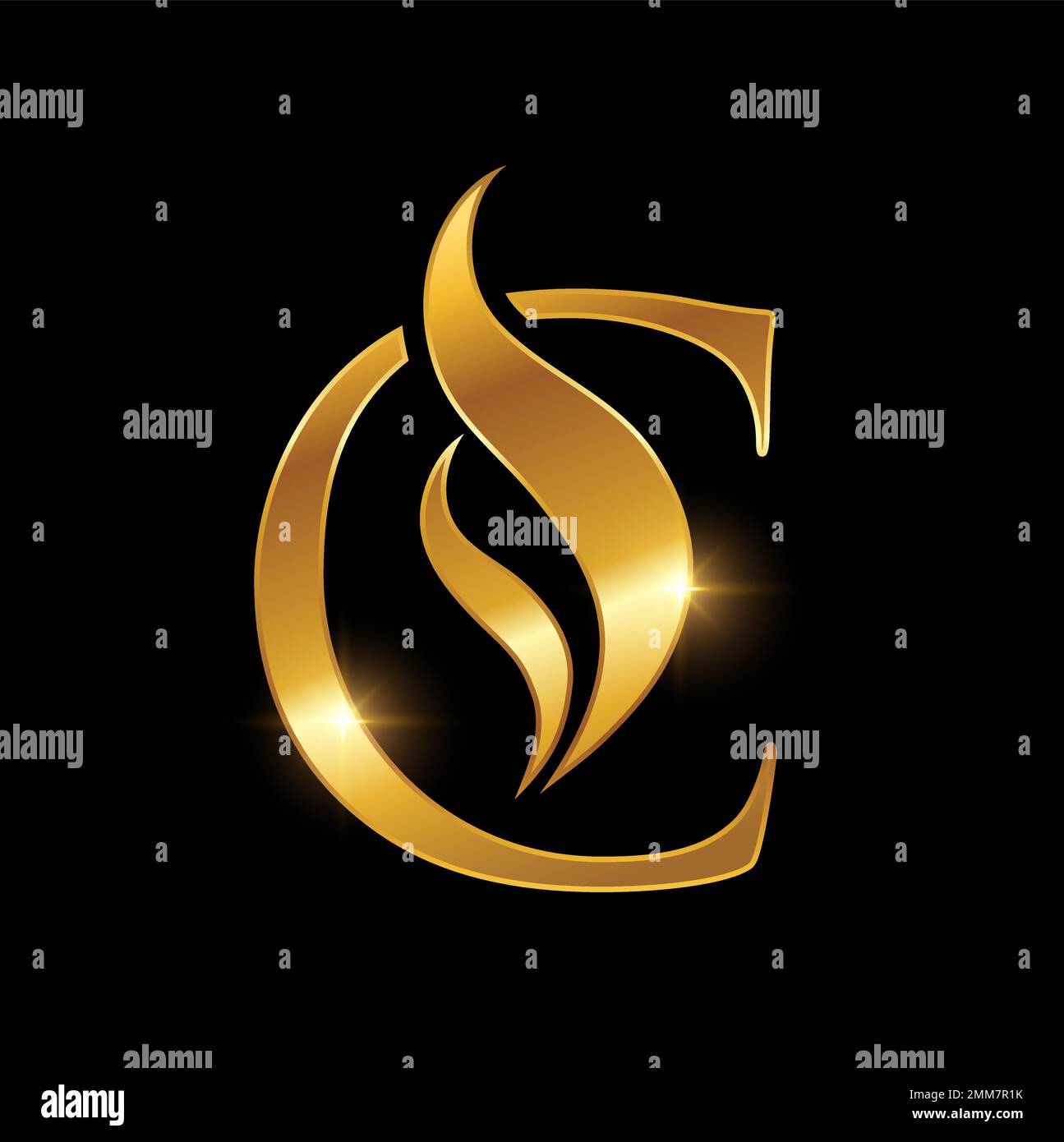 Eine Vektordarstellung des goldenen Luxury Swoosh mit dem Anfangsbuchstaben C auf schwarzem Hintergrund und goldenem Glanzeffekt Stock Vektor