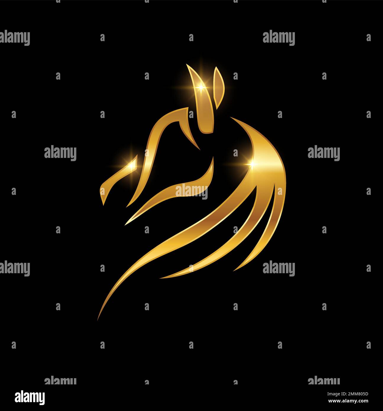 Eine Vektordarstellung des Golden Horse Head Line Logos auf schwarzem Hintergrund mit goldenem Glanzeffekt Stock Vektor