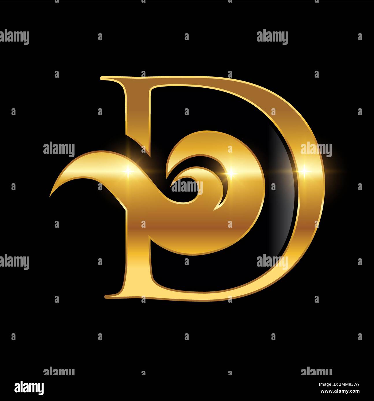 Eine Vektordarstellung des Anfangsbuchstabens D des Golden Monogram Logos auf schwarzem Hintergrund mit goldenem Glanzeffekt Stock Vektor