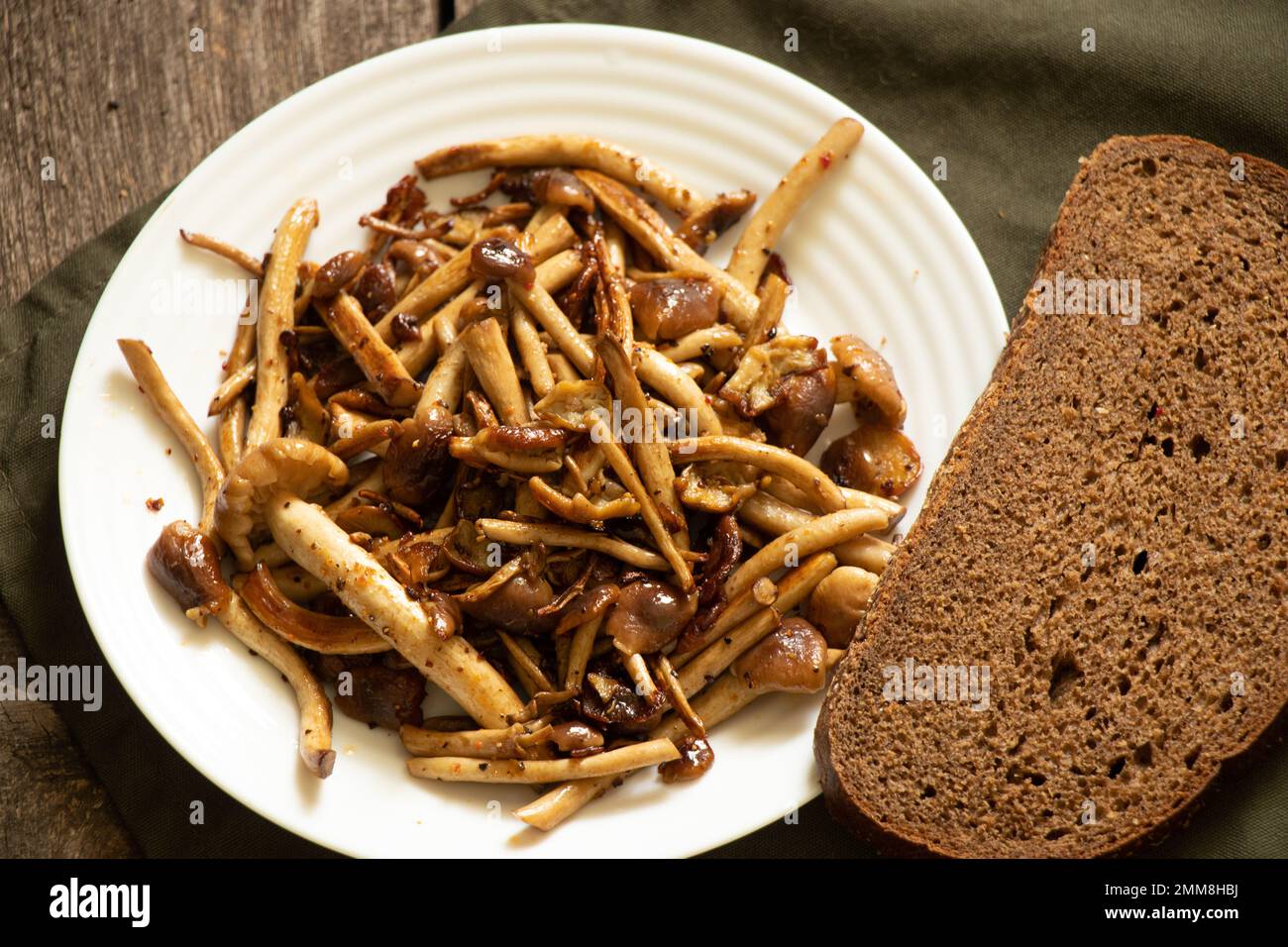 Gebratene Honigpilze auf einem Teller mit einem Stück Schwarzbrot auf einem alten Holztisch, gebratene Pilze zu Hause, Mittagessen Stockfoto
