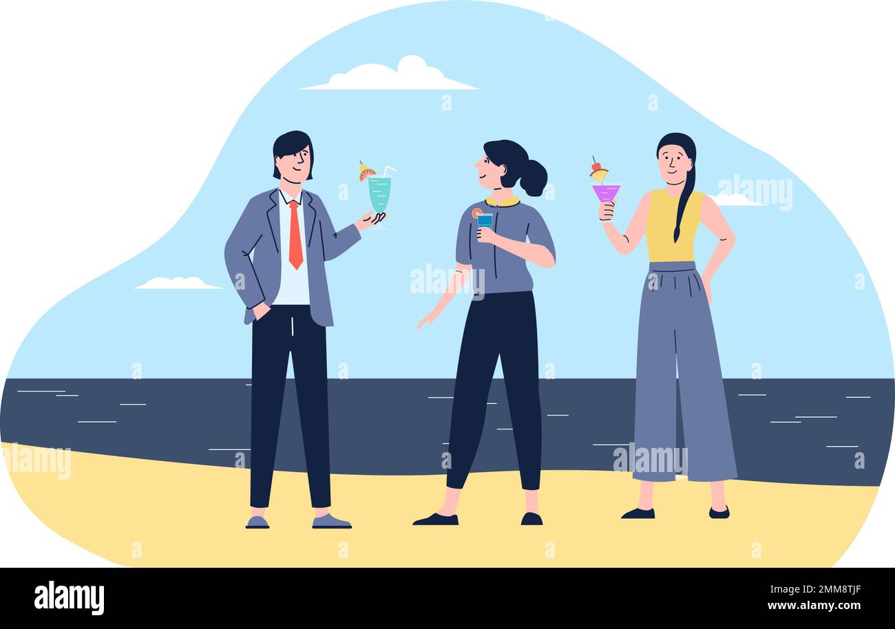 Das Büroteam ruht sich am Strand mit Getränken aus. Urlaub oder Urlaub für Manager. Glücklicher Mann und glückliche Frau auf einer Sommerparty, Freiberufler-Vektorkonzept Stock Vektor