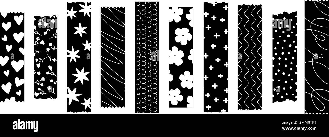 Washi-Klebebänder, Dekor in Schwarz und Weiß, dekorative Scotch-Elemente. Isoliertes Klebeband mit Herzen, Wellen, Blumen und Sternen Stock Vektor