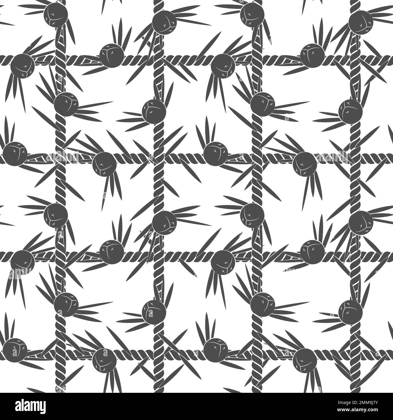 Nahtloses Muster, Netz der Schnur mit Wacholder. Schwarzer und weißer Vektorhintergrund auf weiß. Stock Vektor