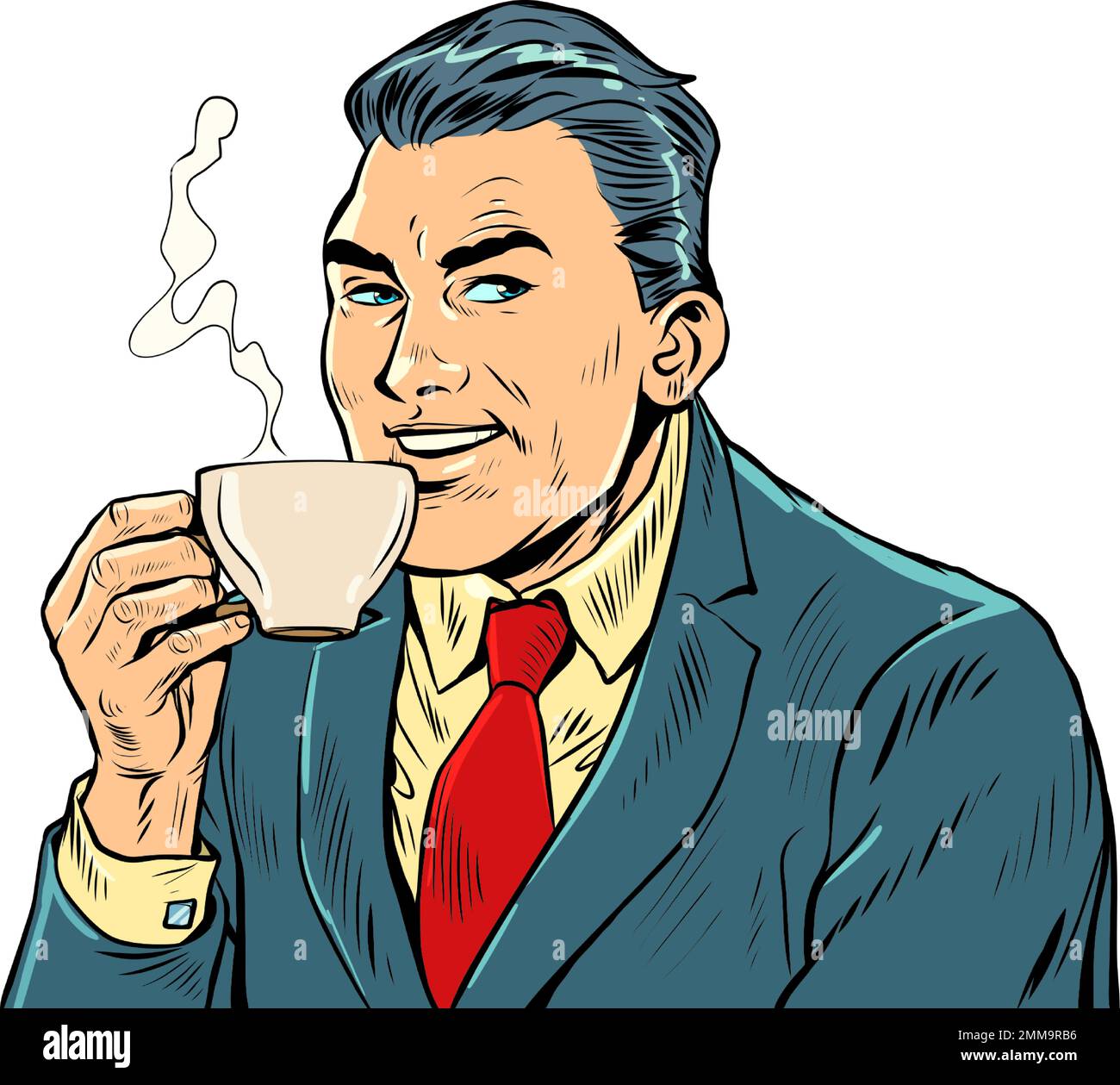 Freudiger Geschäftsmann, der morgens Kaffee trinkt. Heißes Getränk. Cappuccino Kakao Tee Stock Vektor