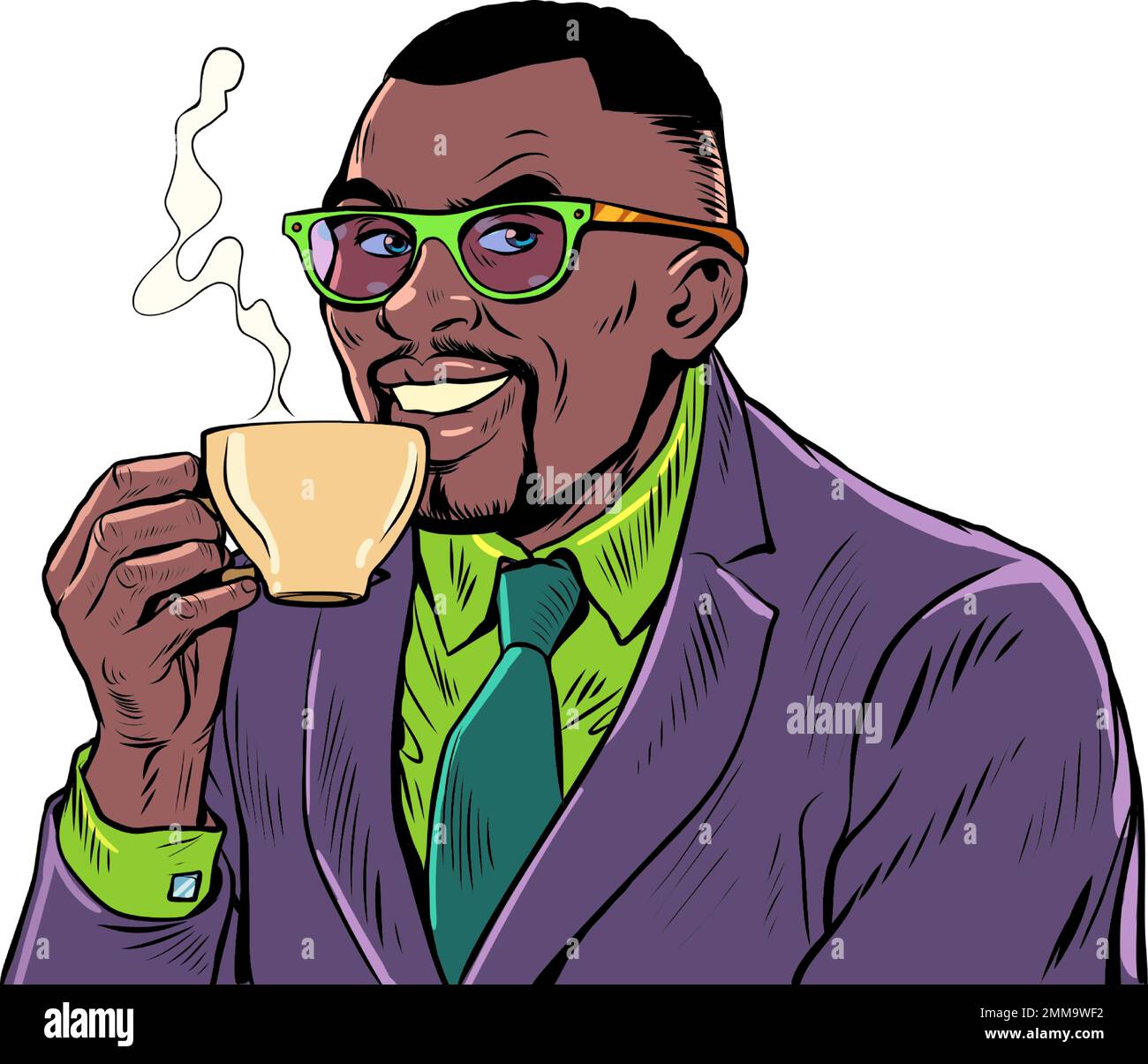 Freudiger Geschäftsmann, der morgens Kaffee trinkt. Heißes Getränk. Cappuccino Kakao Tee Stock Vektor