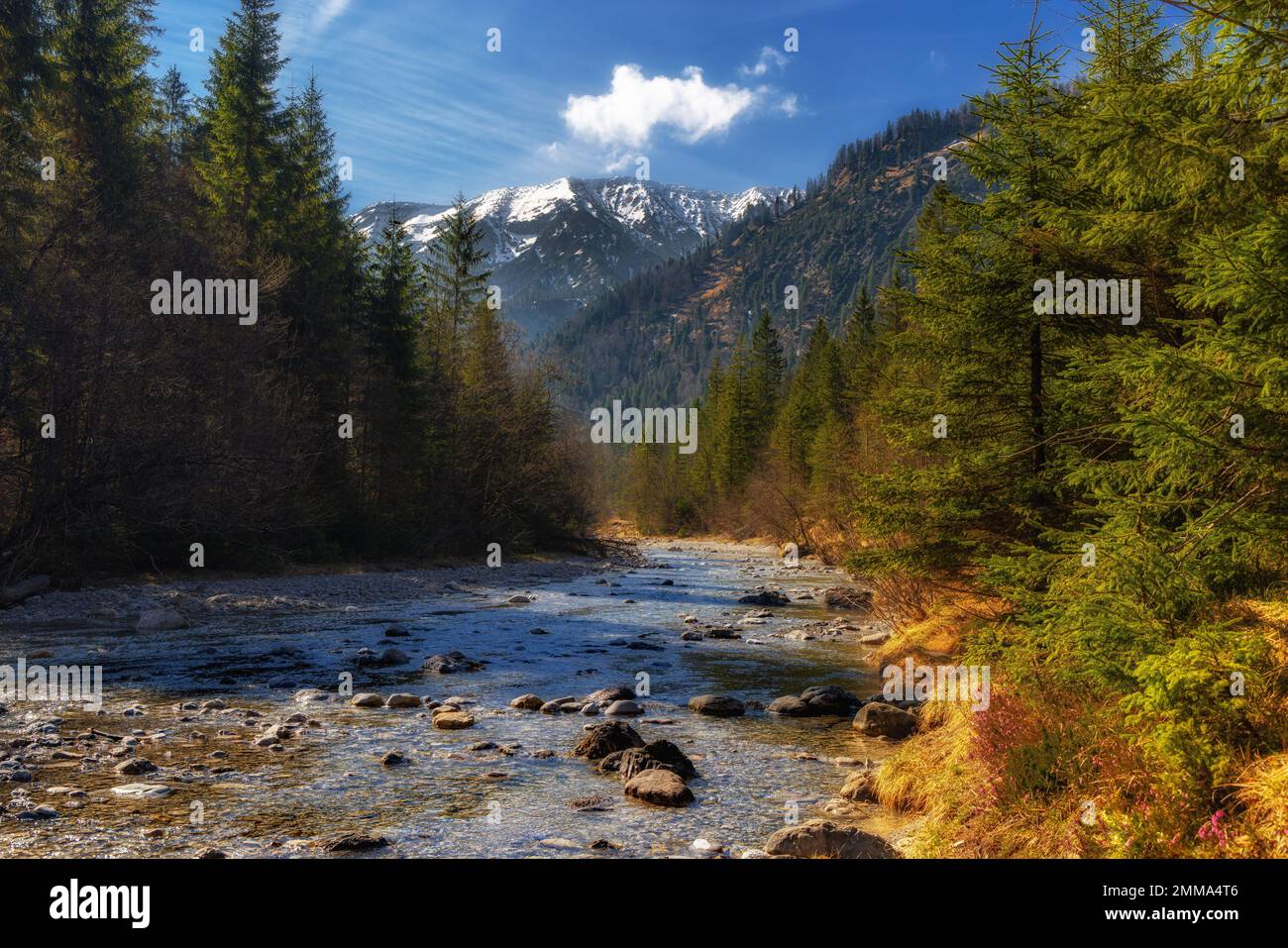 Blick in die Wolfsschlucht , Tegernsee,Mangfall-Gebirge,Wildbach,Kreuth,Wandern,Schnee,Berge,blauer Himmel Stockfoto