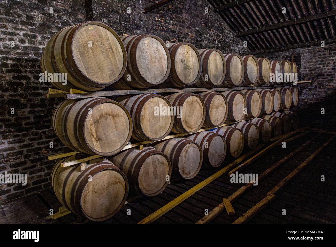 Whisky-Fässer im Lager der Brennerei in Schottland Stockfoto