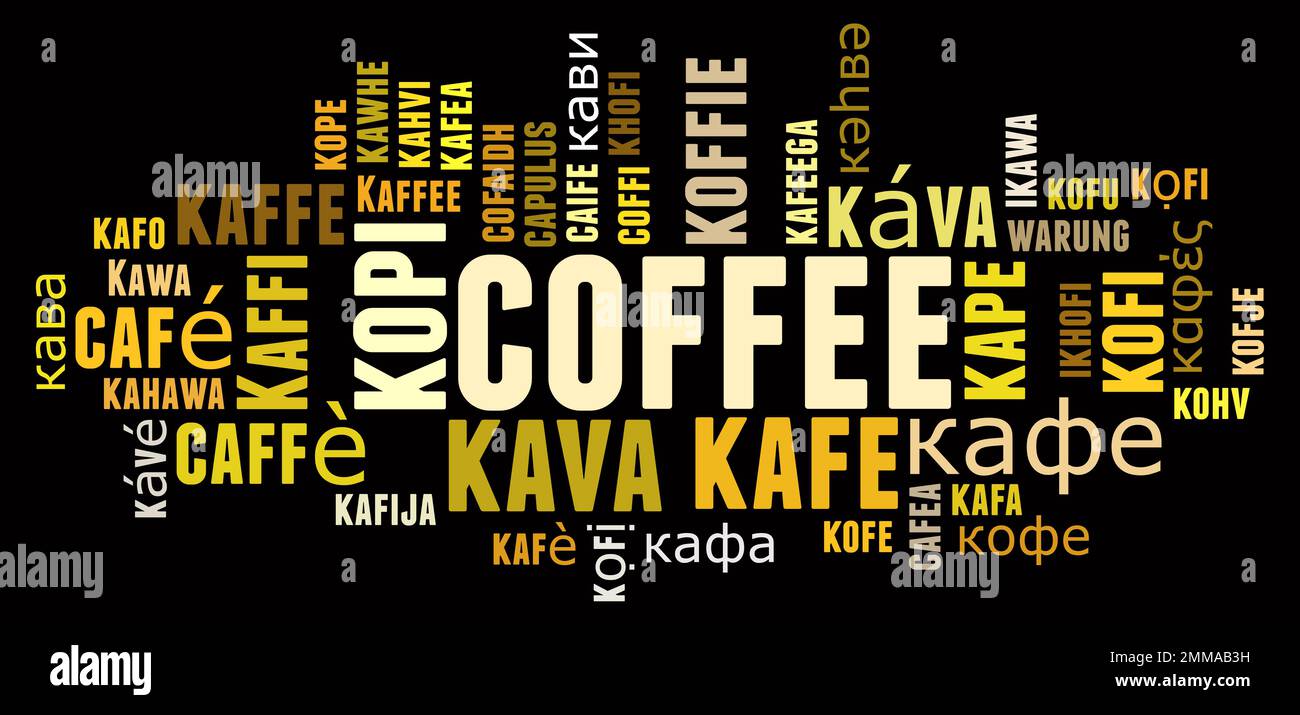 Kaffee in verschiedenen Sprachen Wortwolkenkonzept auf schwarzem Hintergrund. Stockfoto