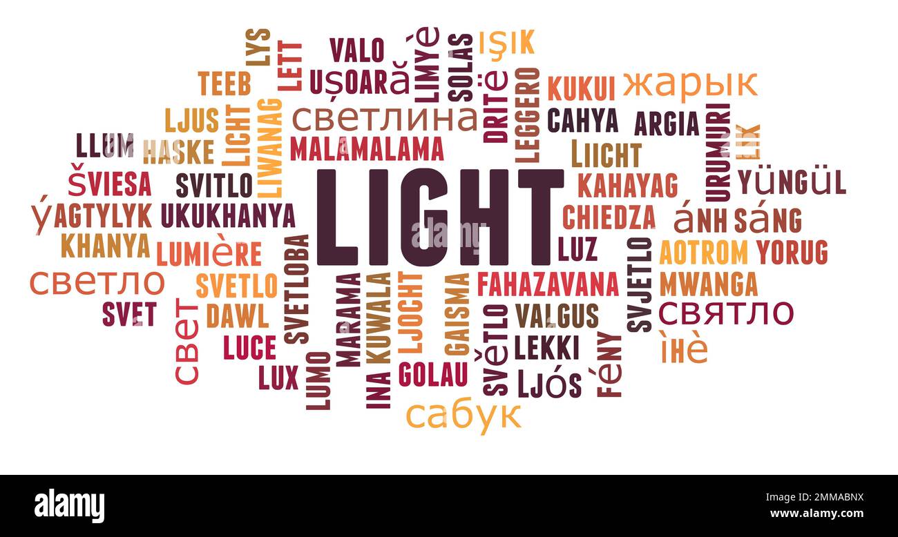 Licht in verschiedenen Sprachen Wortwolkenkonzept auf weißem Hintergrund. Stockfoto