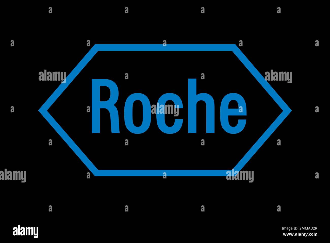 Hoffmann La Roche, schwarzer Hintergrund, Logo, Markenname Stockfoto