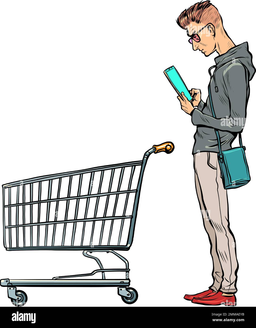 Ein junger Mann mit einem Lebensmittelkarren im Laden schaut auf das Telefon. Online-Produktauswahl. Elektronischer Geschäftsverkehr Stock Vektor