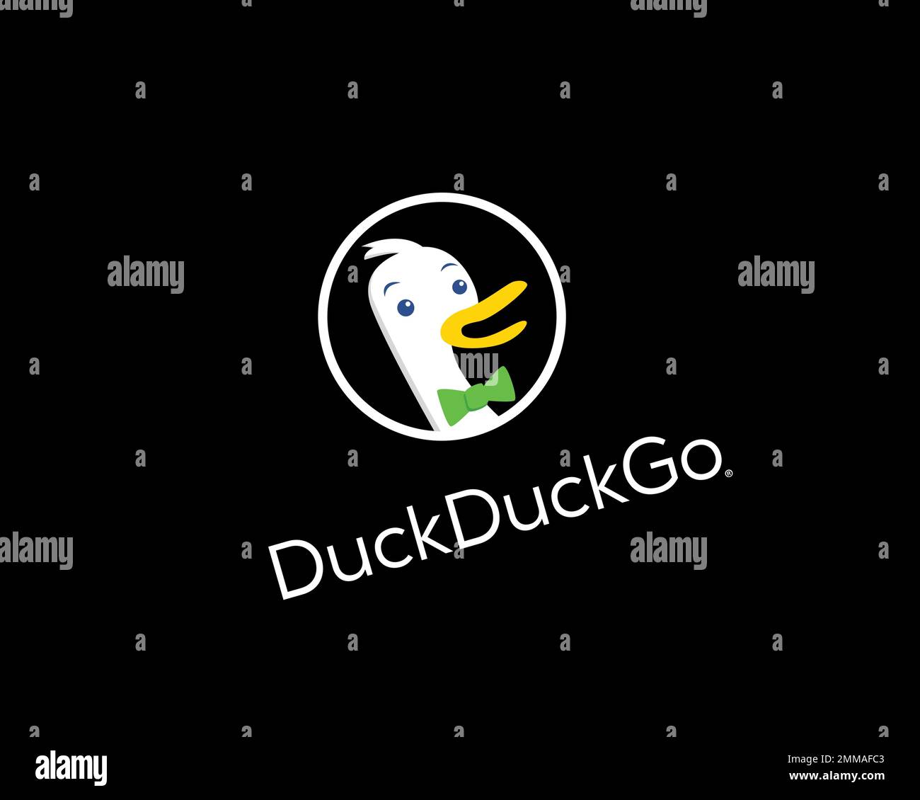 DuckDuckGo White, gedreht, schwarzer Hintergrund, Logo, Markenname Stockfoto