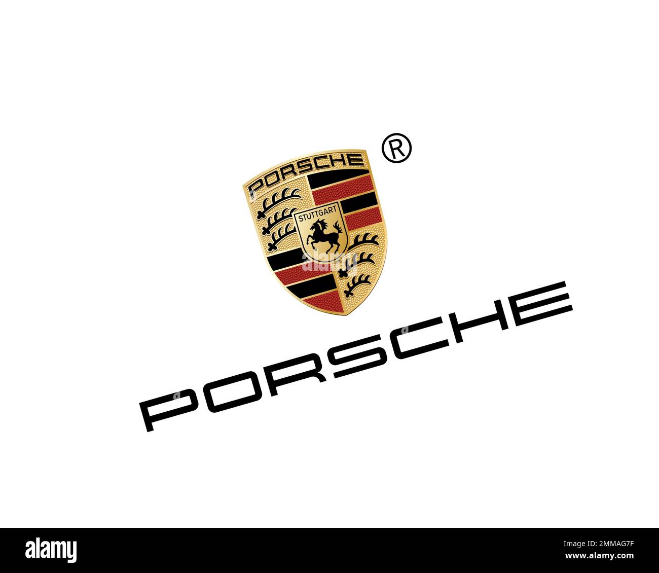 Porsche, gedreht, weißer Hintergrund, Logo, Markenname Stockfoto