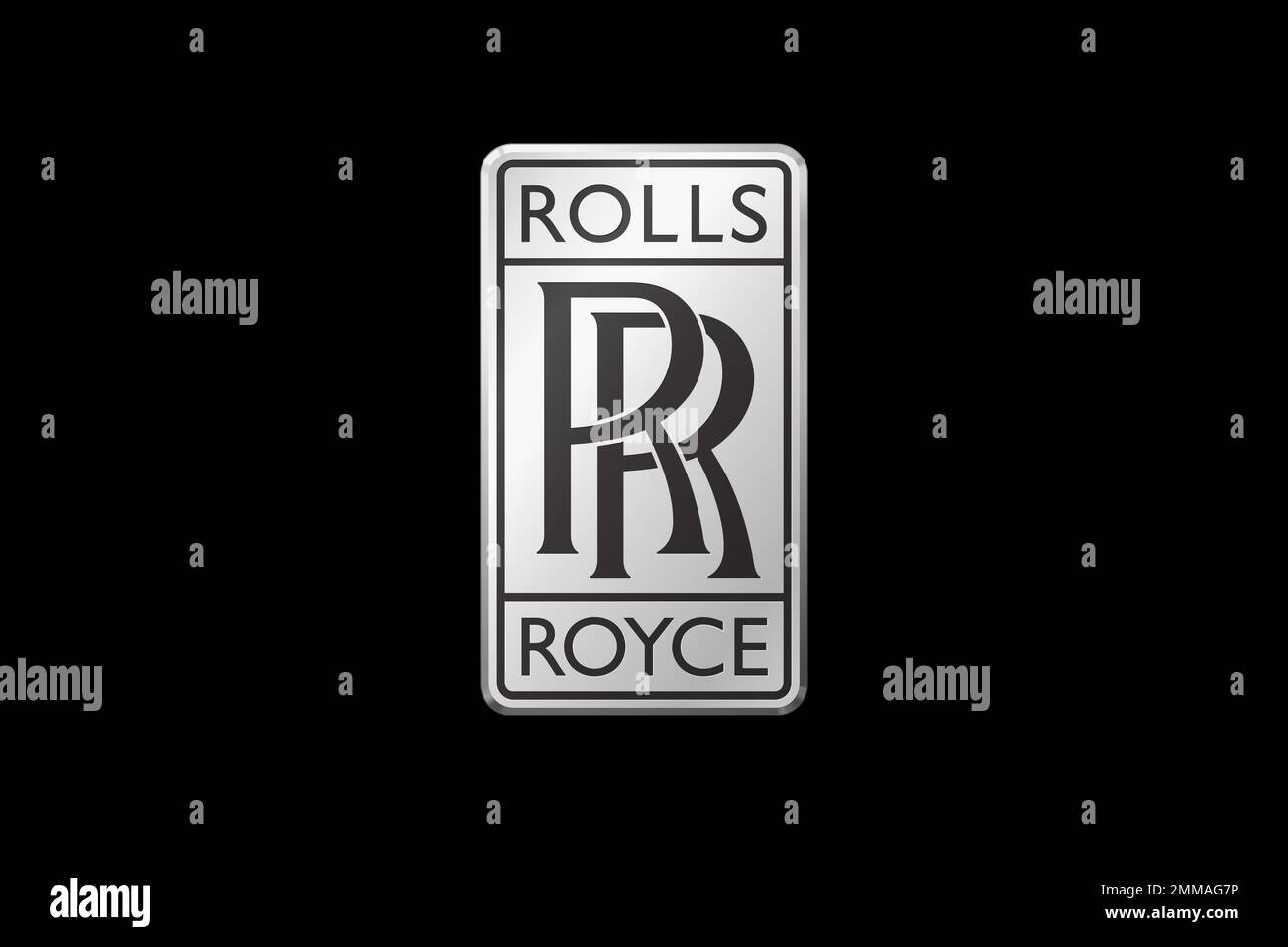 Rolls Royce Motor Cars, schwarzer Hintergrund, Logo, Markenname Stockfoto