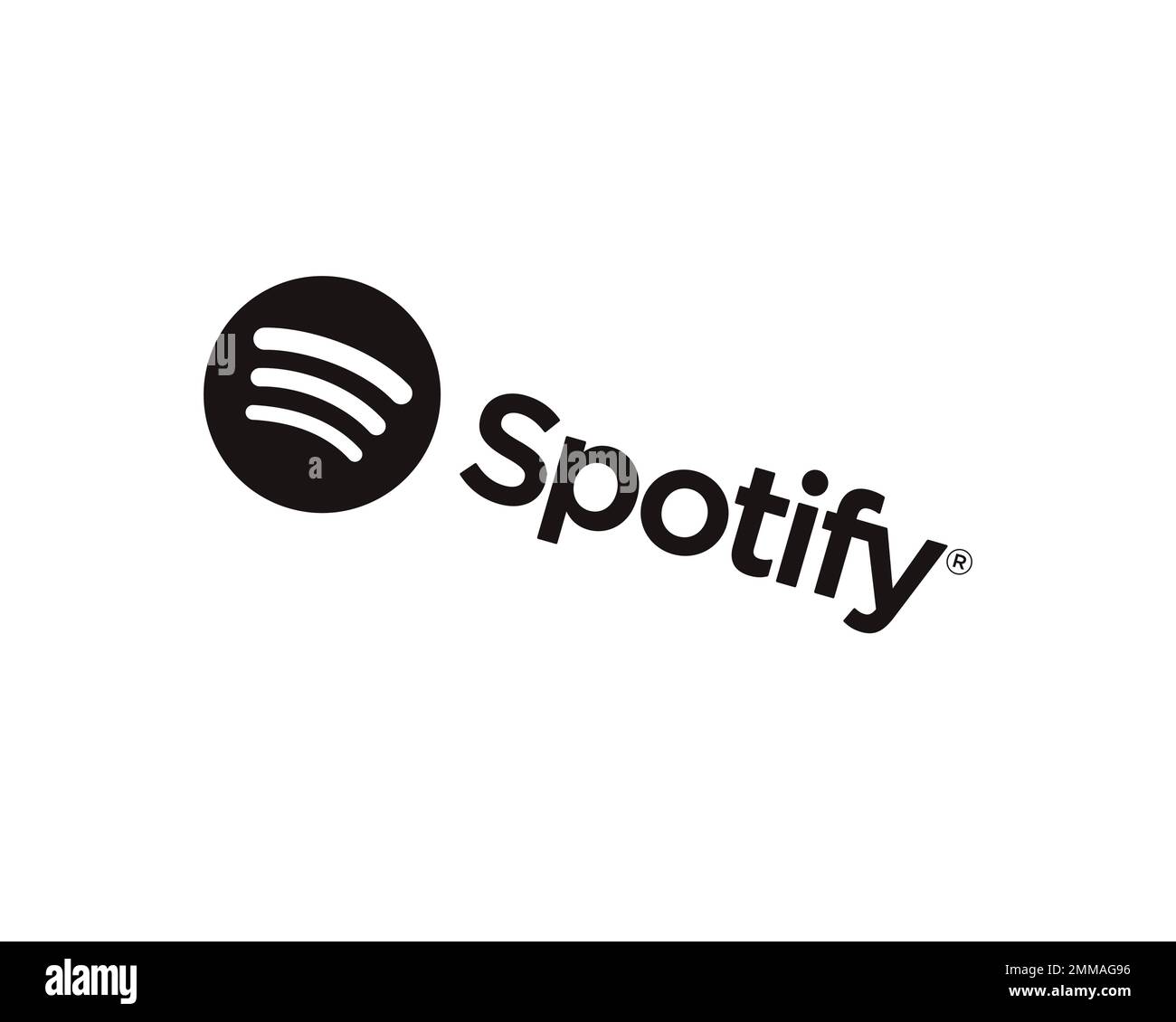 Spotify Black, Gedreht, Weißer Hintergrund, Logo, Markenname Stockfoto