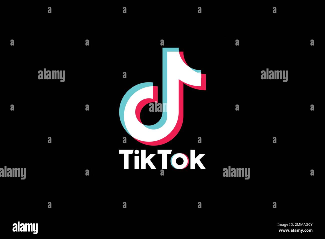 TikTok, schwarzer Hintergrund, Logo, Markenname Stockfoto