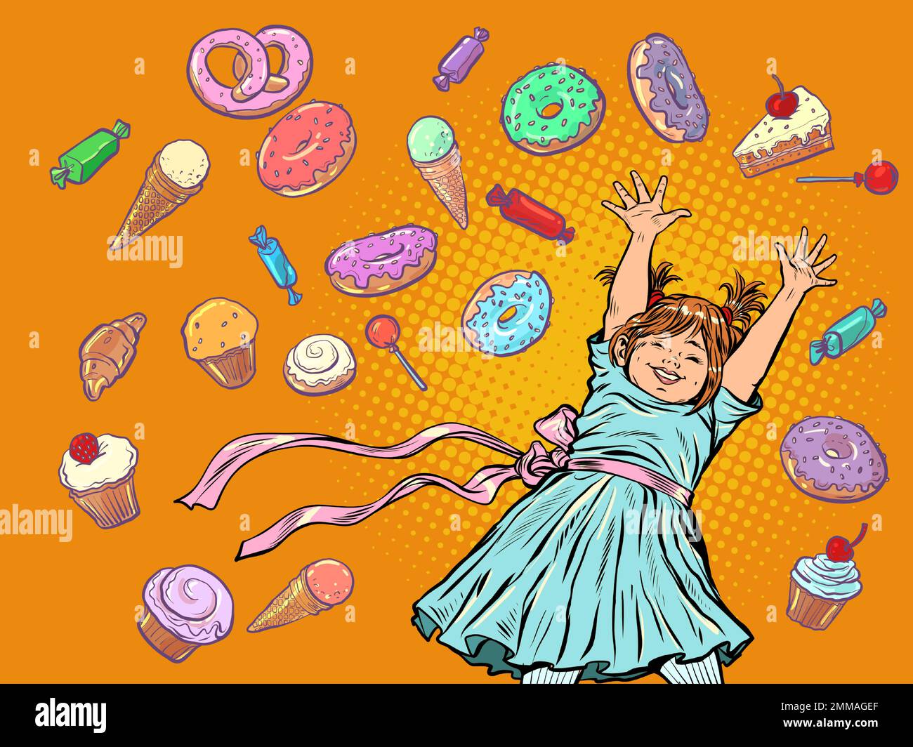 Fröhliches, glückliches Mädchen. Süßwaren Süßigkeiten Süßigkeiten Cupcake Donut Kuchen Eis. Geburtstag Hintergrund Stock Vektor