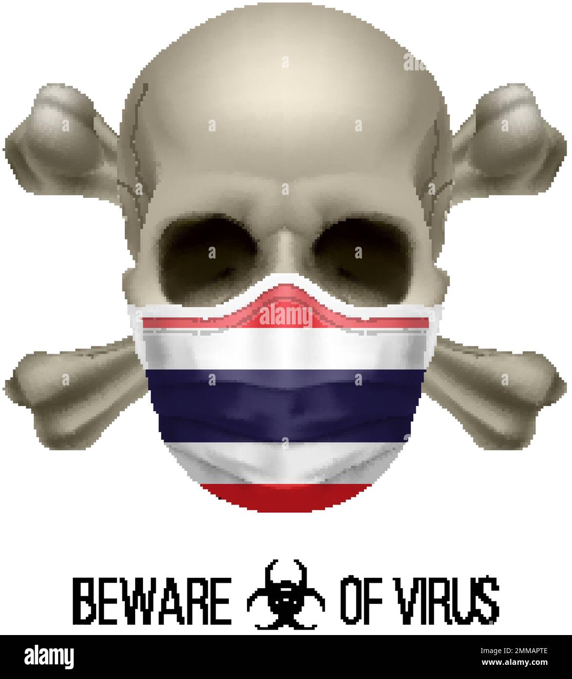 Menschlicher Schädel mit Kreuz und Operationsmaske in der Farbe der Nationalflagge Thailand. Maske in Form der Thailaflagge und des Totenkopfes als Konzept der Dirre Warn Stock Vektor