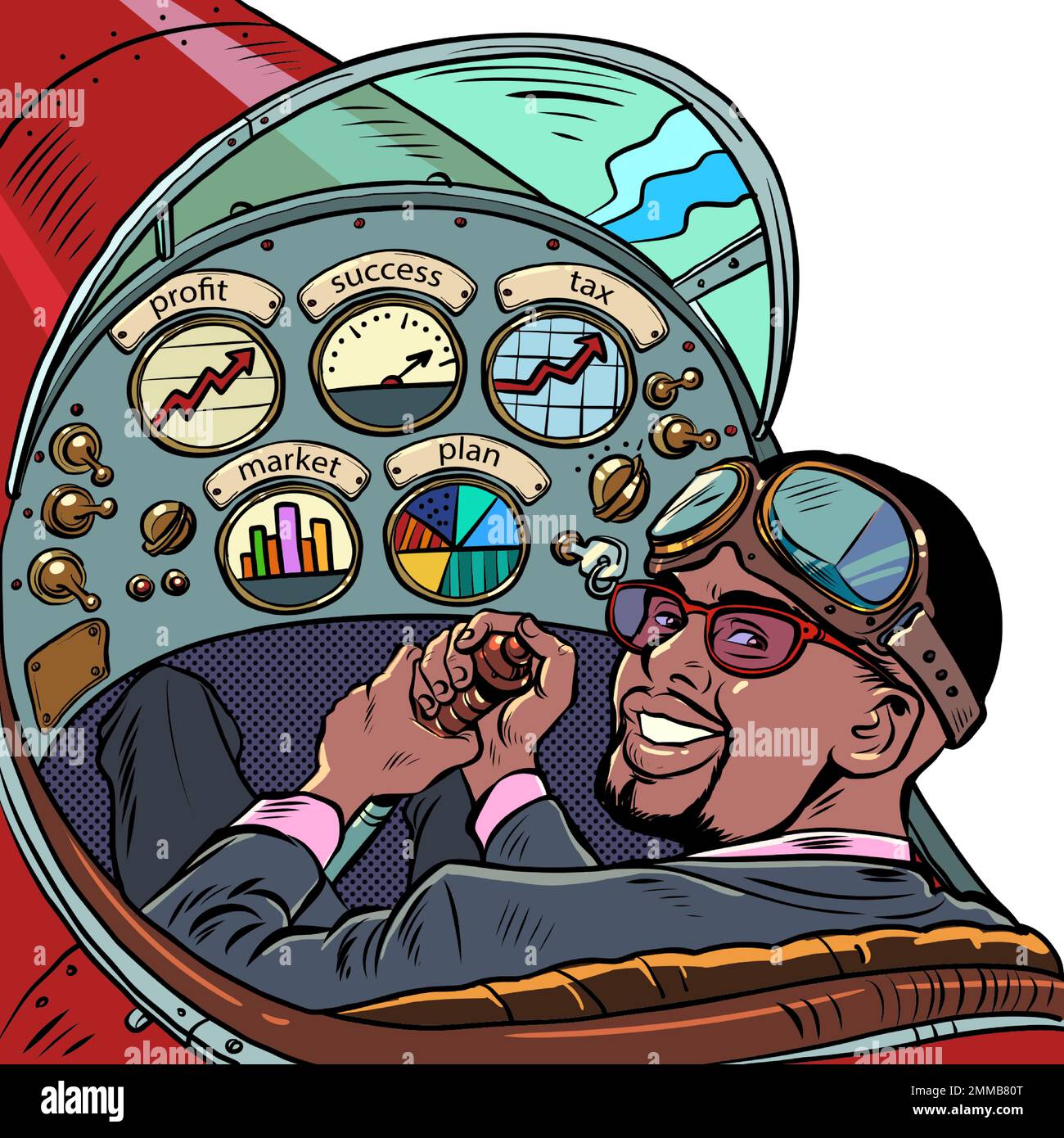 Cockpit eines Retro-Flugzeugs, führt der afroamerikanische Pilot das Flugzeug. Pilotenberuf Stock Vektor