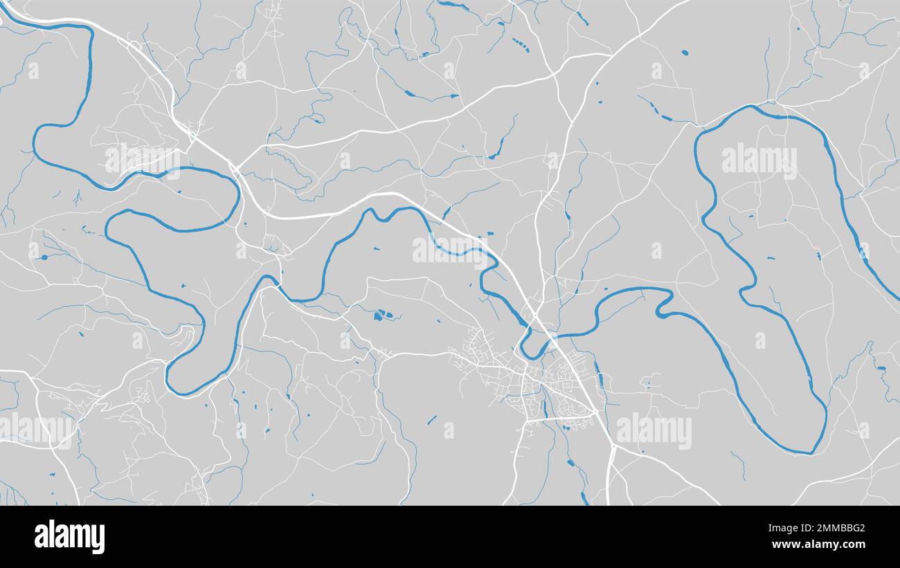 Wye-Flusskarte, Wales, England. Wasserlauf, Wasserdurchfluss, Straßenkarte mit blauem Hintergrund. Vektordarstellung, detaillierte Silhouette. Stock Vektor