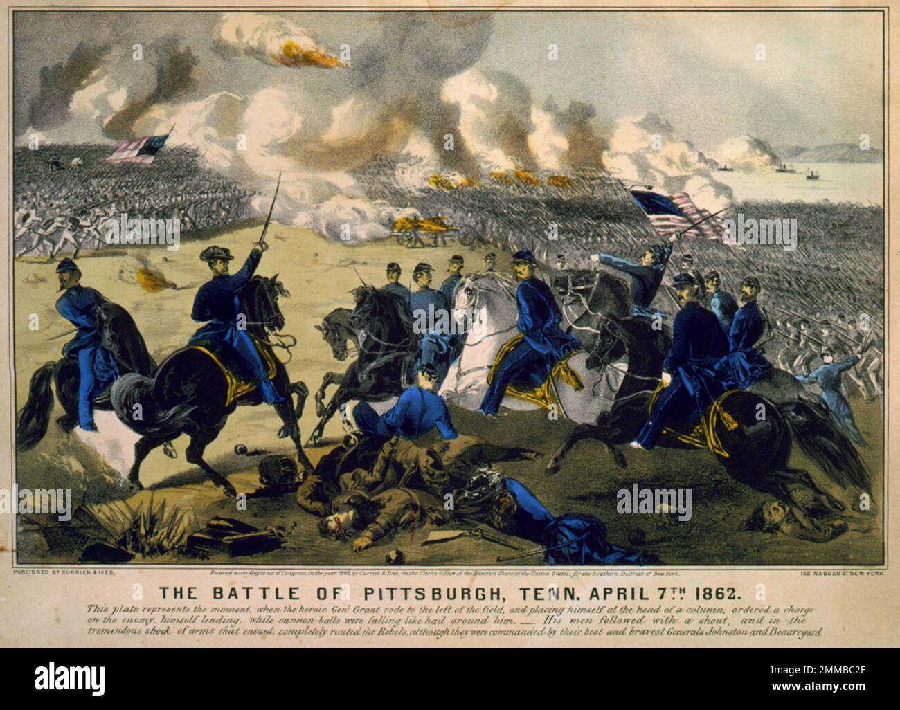 Die Schlacht von Shiloh (auch bekannt als die Schlacht von Pittsburg Landing) fand vom 6. Bis 7. April 1862 im Amerikanischen Bürgerkrieg statt. Zwei Armeen der Union besiegten die Konföderierte Armee von Mississippi. Generalmajor Ulysses S. Grant war der Befehlshaber der Union, während General Albert Sidney Johnston, der nach einer Beinverletzung in der Schlacht an Blutverlust starb, der Befehlshaber der Konföderierten war. Dieses Bild zeigt General Odysseus S. Grant, der die Konföderierten in der Schlacht anführt Stockfoto