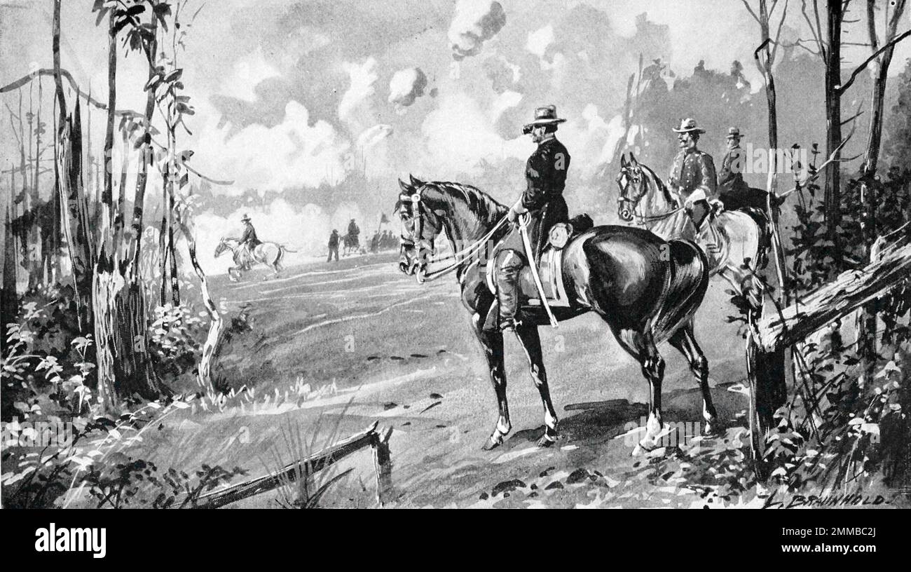 Die Schlacht von Shiloh (auch bekannt als die Schlacht von Pittsburg Landing) fand vom 6. Bis 7. April 1862 im Amerikanischen Bürgerkrieg statt. Zwei Armeen der Union besiegten die Konföderierte Armee von Mississippi. Generalmajor Ulysses S. Grant war der Befehlshaber der Union, während General Albert Sidney Johnston, der nach einer Beinverletzung in der Schlacht an Blutverlust starb, der Befehlshaber der Konföderierten war. Dieses Bild zeigt General Odysseus S. Grant auf dem Pferderücken in der Schlacht. Stockfoto