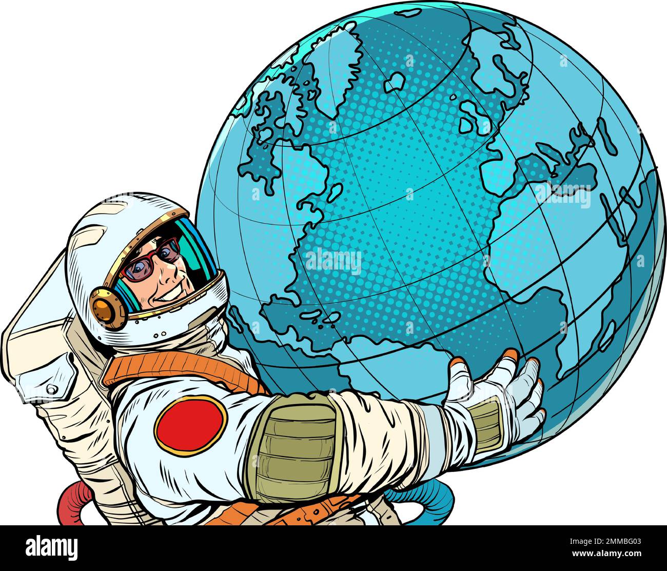 Der Astronaut hält den Planeten Erde, Wissenschaft, Ökologie, Menschlichkeit in seinen Händen Stock Vektor