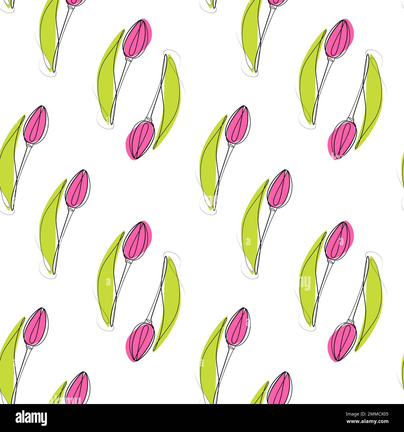 Endloses Muster einer Konturzeichnung einer Tulpenblume in einer Linie in einem minimalistischen Stil mit Farbfleck in trendigen Markierungsschattierungen. Einzeiliges Bildmaterial. Isolieren. Geeignet für Muster, Poster, Preise oder Etiketten. EPS Stock Vektor