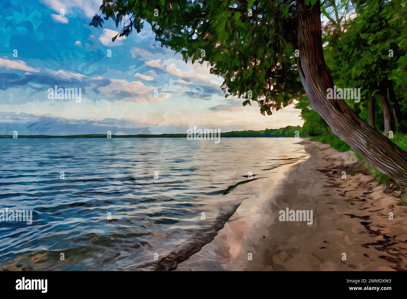 Digitales Aquarellgemälde eines wunderschönen Seeufers im Higgins Lake