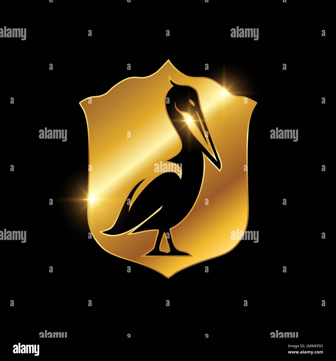 Ein Vektorzeichen mit goldenem Pelican Bird Logo auf schwarzem Hintergrund mit goldenem Glanzeffekt Stock Vektor