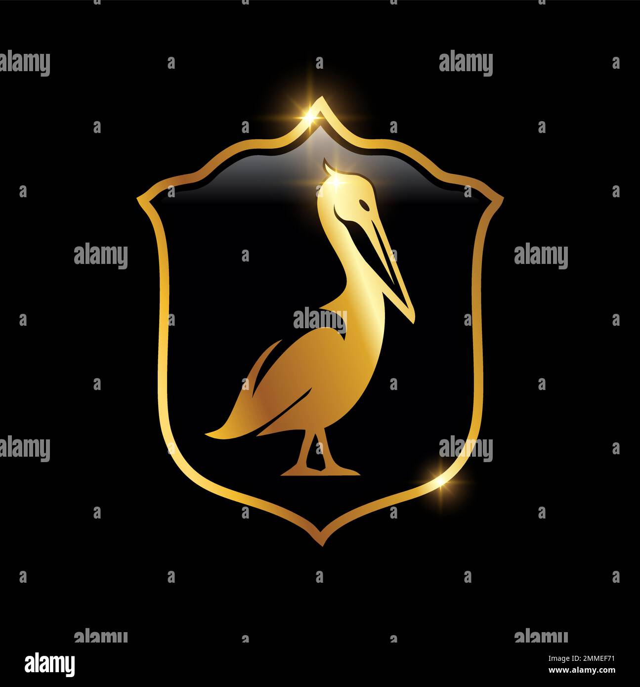 Ein Vektorzeichen mit goldenem Pelican Bird Logo auf schwarzem Hintergrund mit goldenem Glanzeffekt Stock Vektor