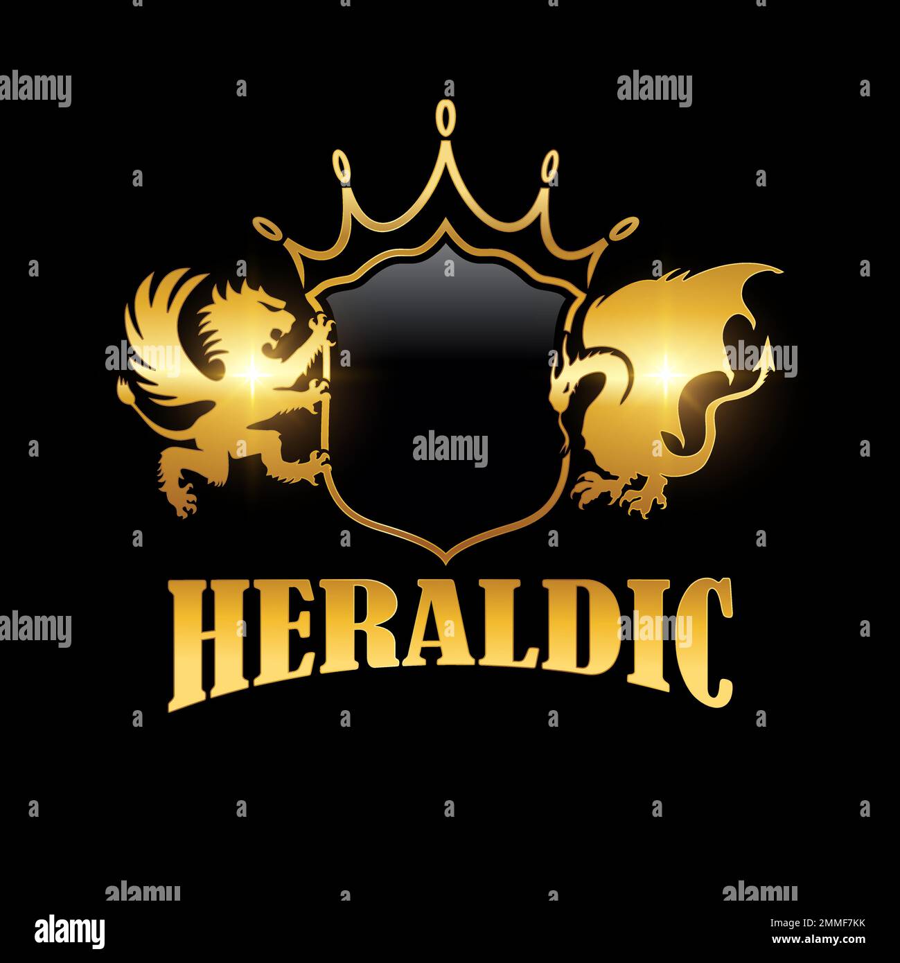 Eine Vektordarstellung des goldenen heraldischen Schildes Löwe und Drachen Vektorzeichen Stock Vektor